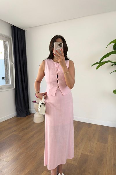 BİRCANÇİL Orsa Pink Vest Button Detail Skirt Lined Suit