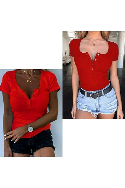 Trendusfashion Women's Button Detailed Rib Fabric Basic T-Shirt - White / Red Color Options