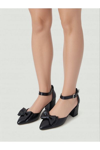 Melacomfort Black Thick Heeled Buckle Bow Detailed Women's Evening Dress Shoes