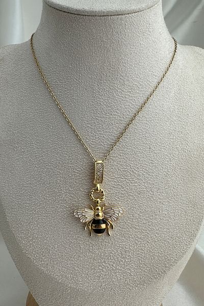 Modex Steel Gold Color Link Part Stone Detailed Enamel Bee Necklace (40cm)