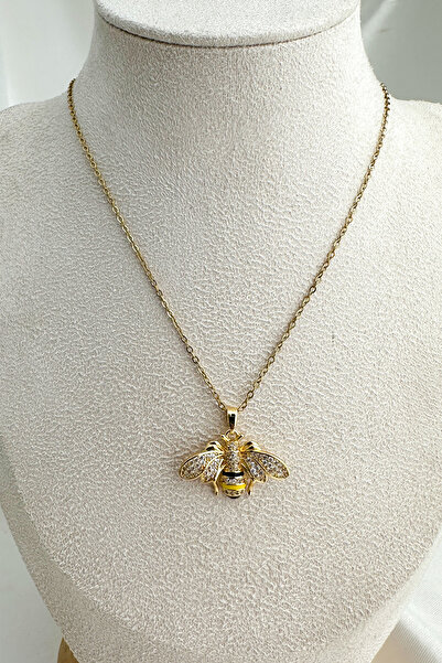 Modex Steel Gold Color Zircon Stone Enamel Minimal Bee Necklace (40cm)
