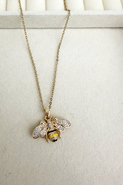 Modex Steel Gold Color Zircon Stone Enamel Minimal Bee Necklace (40cm)