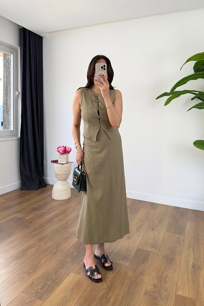 BİRCANÇİL Orsa Khaki Vest Button Detail Skirt Suit