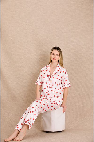 Lady Lingerie Short Sleeve Heart Pattern Satin Women's Pajama Set with Shirt Collar