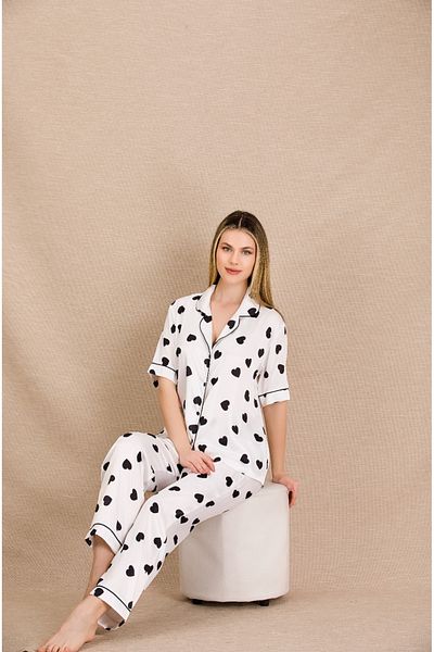 Lady Lingerie Short Sleeve Heart Pattern Satin Women's Pajama Set with Shirt Collar