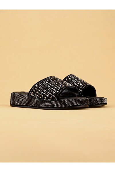 layki Laykly Stone Detailed Shiny Summer Model Platform Women's Platinum Slippers