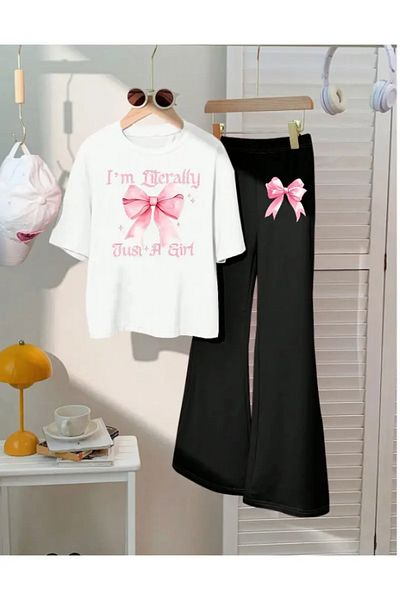 Keywest Kids Just a Girl Ribbon Printed T-Shirt Spanish Leg Tracksuit Set