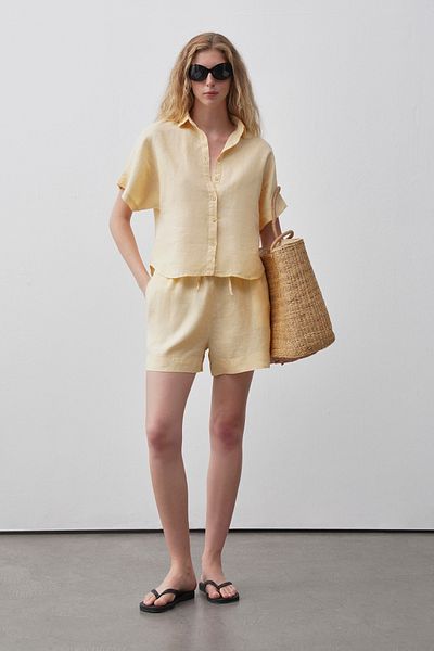 mathilda store Women's Yellow Linen Shorts Shirt Set