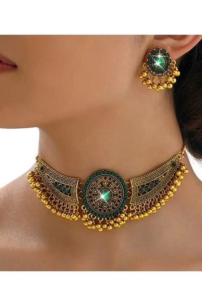 BirYıldızOl Zircon Stone Bead Detail Vintage Jewelry Set Necklace Earring Set