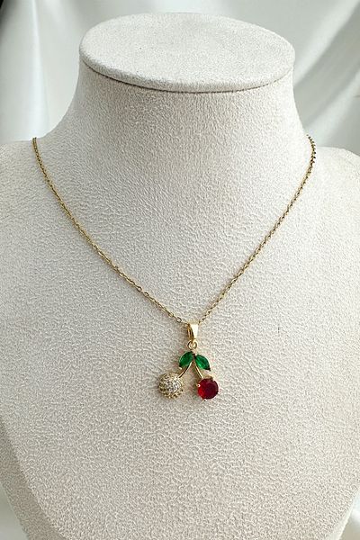 Modex Steel Gold Color Stone Fruit Minimal Cherry Necklace (40cm)