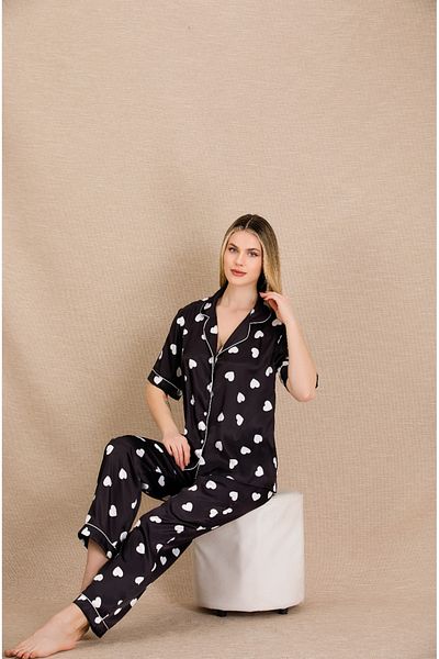 Lady Lingerie Short Sleeve Heart Pattern Satin Women's Pajama Set with Shirt Collar