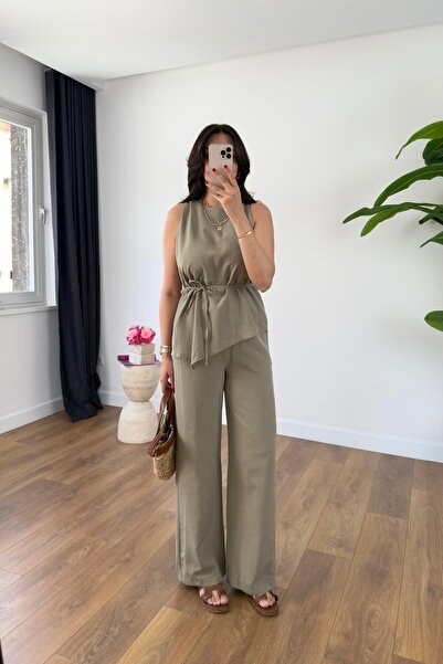 BİRCANÇİL Yilaha Khaki Asymmetrical Drawstring Blouse Pants Set