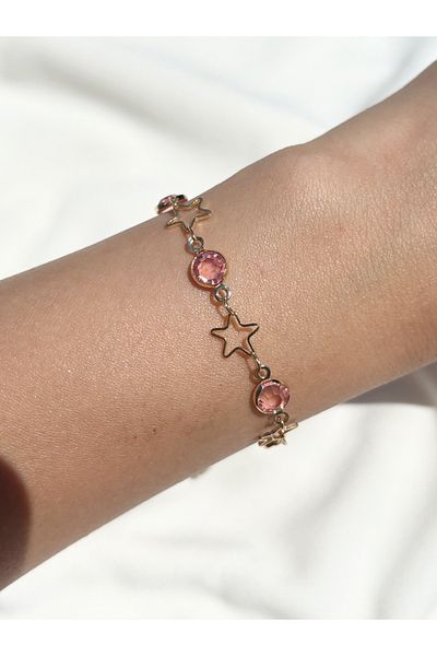 Eylülün Takısı Women's Gold Color Pink Stone Star Bracelet