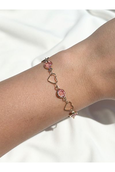 Eylülün Takısı Women's Gold Color Pink Stone Heart Bracelet