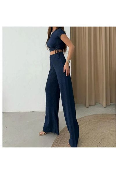 cottonage Bürümcük Fabric Trousers-Side Blouse with Shirring Detail Double Set