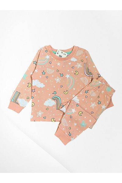 Pajama Shop Girl's 100% Cotton Fabric Puppy Color Rainbow Patterned Long Sleeve Winter Pajama Set