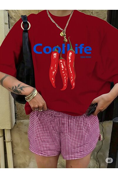 NO 601 Tricou oversize cu imprimeu Cool Life pentru damă, roșu Claret