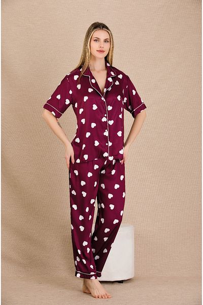 Lady Lingerie Short Sleeve Heart Pattern Satin Women's Pajama Set with Shirt Collar
