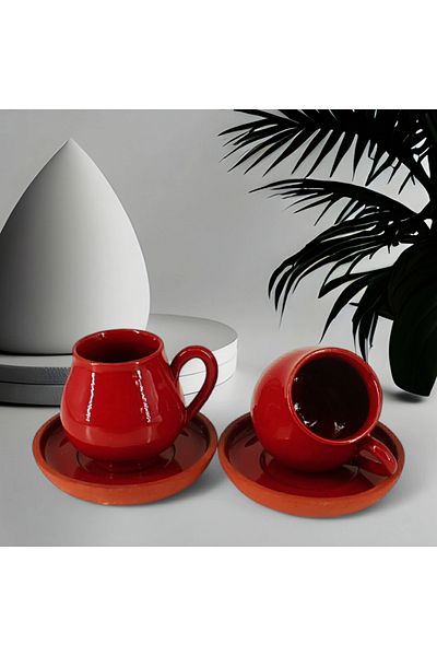 vegahediye v vega Set of 2 Handmade Red Color Clay Turkish Coffee Cup Gift Set