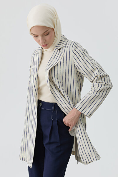 Tuğba Kuşaklı Çizgili Blazer Ceket - Lacivert