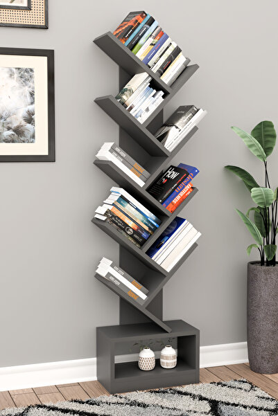 Remaks VİRA Raflı Kitaplık Kütüphane Hareketli Raflı Dekoratif Kitaplık-ANTRASİT