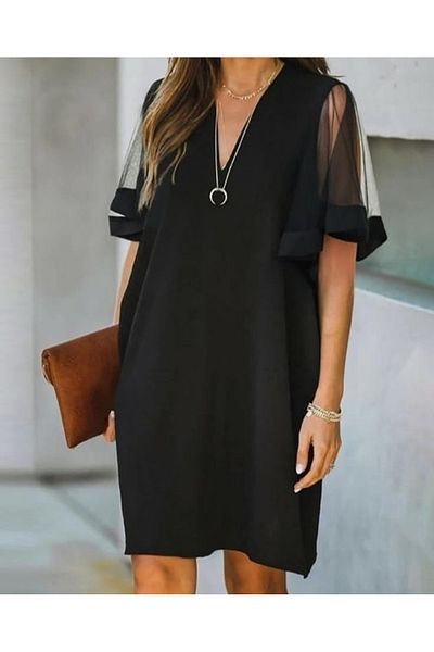 Trendusfashion Women's Black Tulle Sleeve Detail Chiffon Mini Dress - 71005