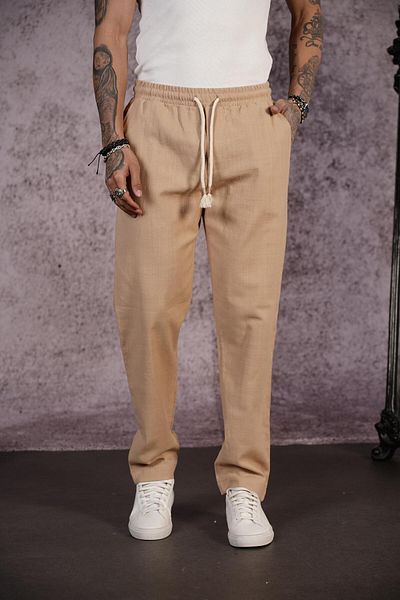 king brich Kingbrich Elastic Waistband Regular Fit Plain Linen Men's Trousers