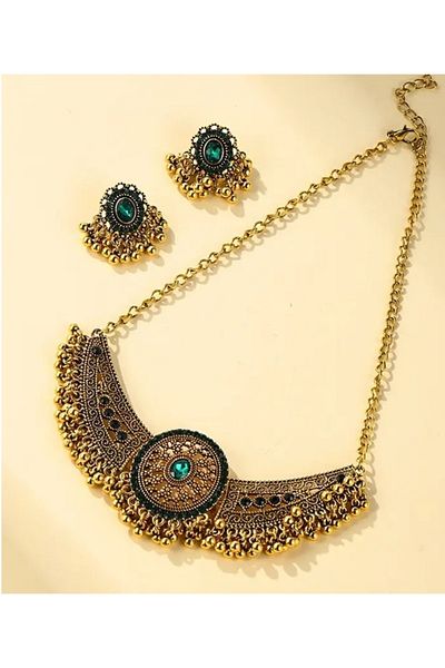 BirYıldızOl Zircon Stone Bead Detail Vintage Jewelry Set Necklace Earring Set