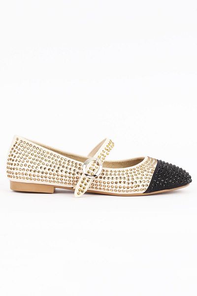 Paris Shoes Women's Beige Double Color Highlight Stone Embroidered Ballerinas - Glitzia