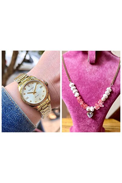 Ferrucci Taşlı Kadran Rolex Kasa Çelik Kadın Kol Saati+Çelik Kolye Hediye