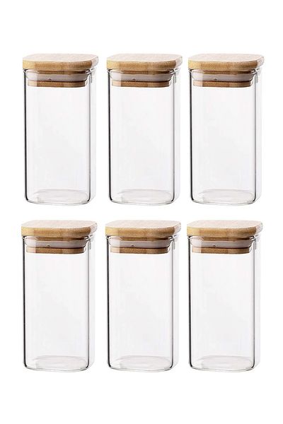 Bisbell "6Pcs Square Glass Storage Jars With Airtight Bamboo Lid,Spice jar,620ML,BB4014 "