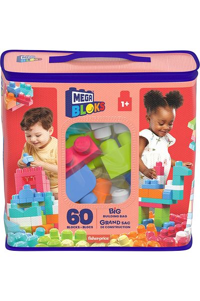mattel حقيبة بناء كبيرة من ميجا بلوكس فيرست بيلدرز، 60 قطعة، وردية اللون