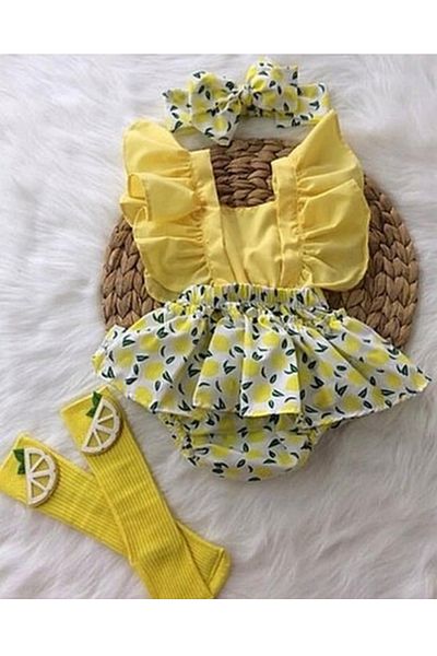 kokosh _ kidss burcu sapmaz Baby Girl Lemon Print Summer Romper Bandana and Socks Set