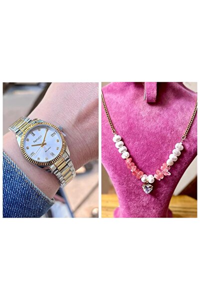 Ferrucci Taşlı Kadran Rolex Kasa Çelik Kadın Kol Saati+Çelik Kolye Hediye