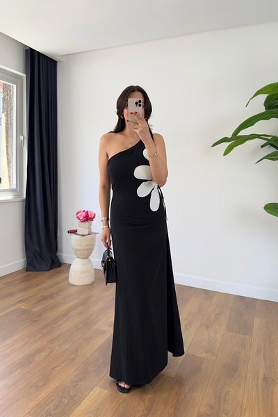BİRCANÇİL Rita Black One Shoulder Window Detailed Skirt Lined Dress