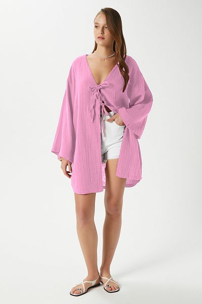 Ritnice Kimono roz cu șireturi Sandra 100% bumbac muselină pentru femei