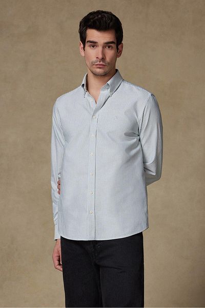 Abbate Marcel American Oxford Cotton Comfort Fit Green Button Collar Men's Striped Shirt