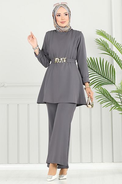 ModaMerve Stylish Suit with Belt Chain 2700Sl890-M Anthracite