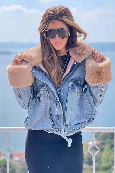 FashionForYou Geacă Andra din denim albastru, cu blană crem, Albastră, S/M