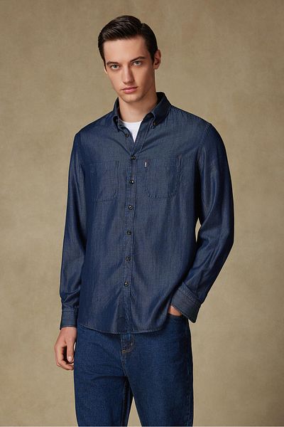 Abbate Gino Denim Lyocell Comfort Fit Navy Blue Button Collar Men's Plain Shirt