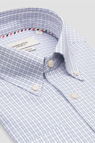 Abbate Aldomar Poplin Cotton Comfort Fit Light Blue Button Collar Men's Checkered Shirt
