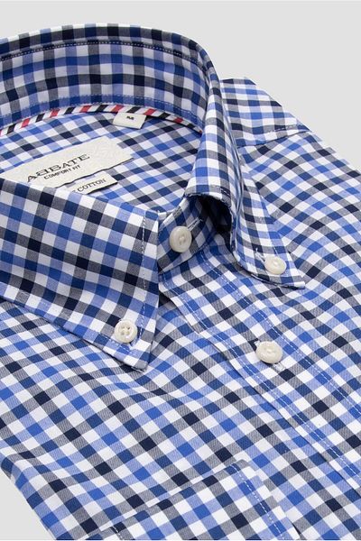 Abbate Dante Poplin Cotton Comfort Fit Dark Blue Button-Down Collar Men's Checkered Shirt