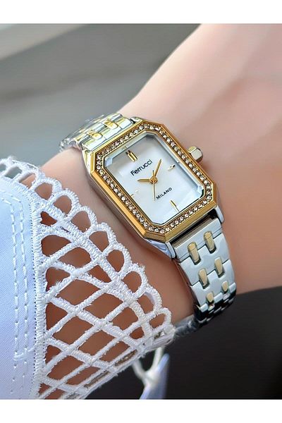 Ferrucci Milano Women's Wristwatch – Rectangular Case, Stone Bezel, Two-Color Metal Cord