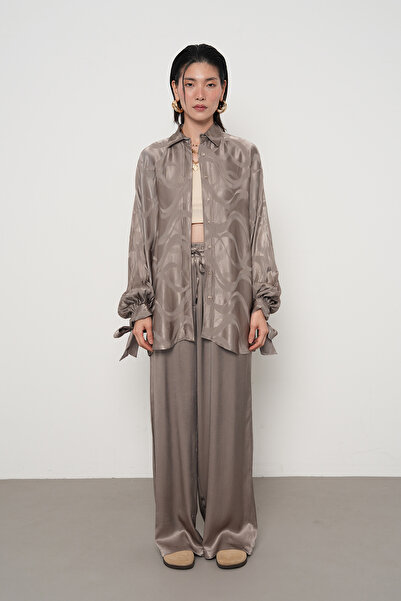 Orfeo Negro Women's Patterned Sleeves Tie Gray Shirt