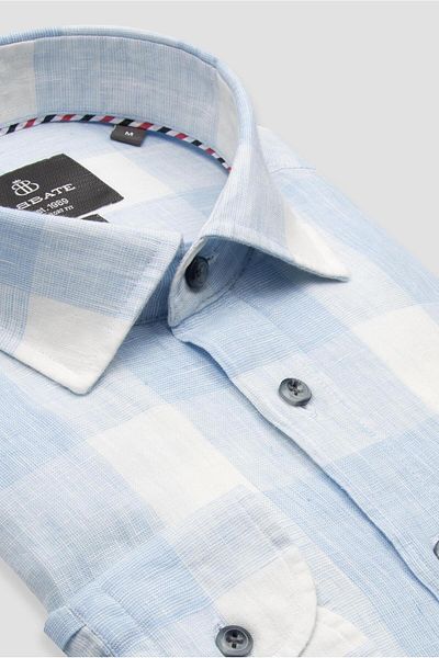 Abbate Lieno Linen Linen Comfort Fit Blue Classic Collar Men's Checkered Shirt