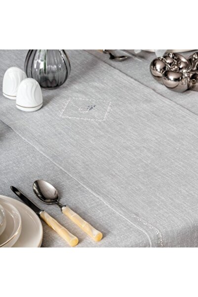 Cotton Box Embroidered Tablecloth Set, Cotton Box, Pear Grey