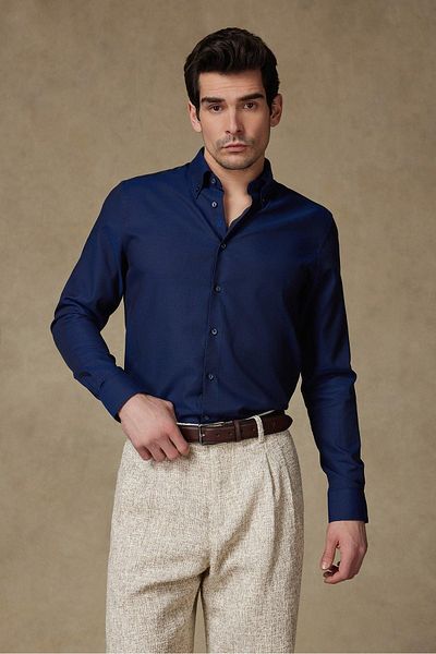 Abbate Carlo Royal Oxford Cotton Slim Fit Navy Blue Button Collar Men's Solid Shirt