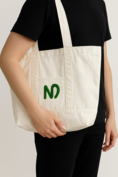 UCCELLO White Tote Bag with N Logo - Beach Bag, Thick Fabric, Orange Lining, Shoulder Strap