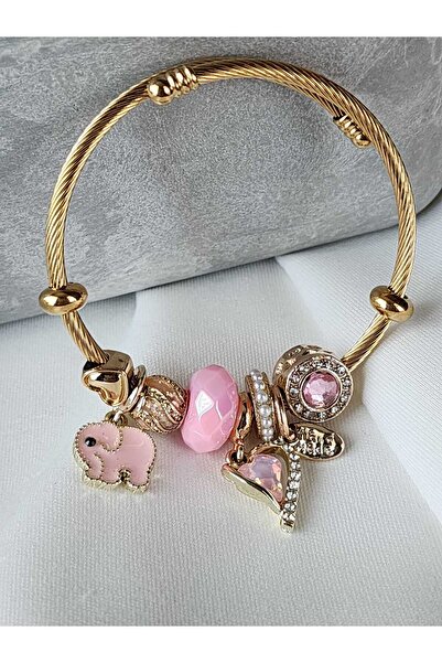 ZÜLİSCH CHARM ÇELİK BİLEKLİK GOLD PEMBE FİL KALP TAŞLI