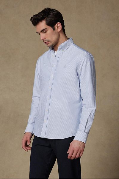Abbate Marcel American Oxford Cotton Comfort Fit Dark Blue Button-Down Collar Men's Striped Shirt
